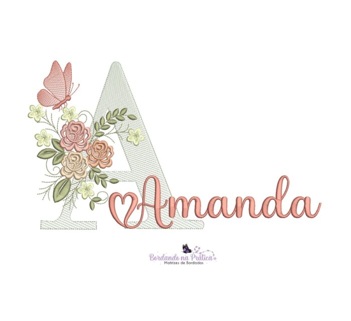 Matriz De Bordado Nome Amanda com flores e borboletas para bordar.