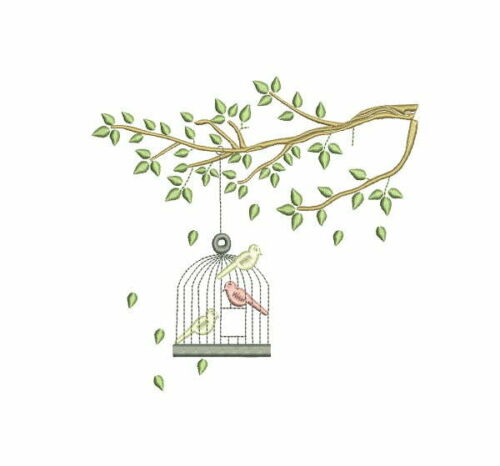 Matriz De Bordado Passarinhos Na Gaiola com Galho para bordar. 