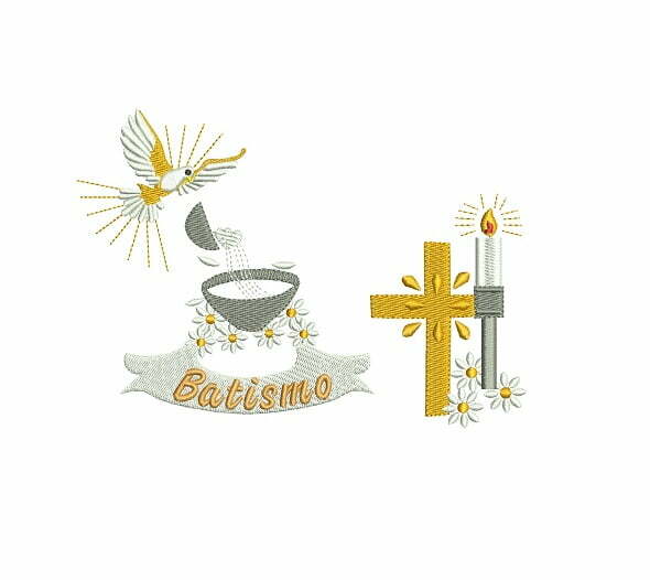 Matriz De Bordado Batismo Com Pomba, Cruz e Vela para bordar. Matriz De Bordado Batismo Com Pomba, Cruz e Vela para bordar.