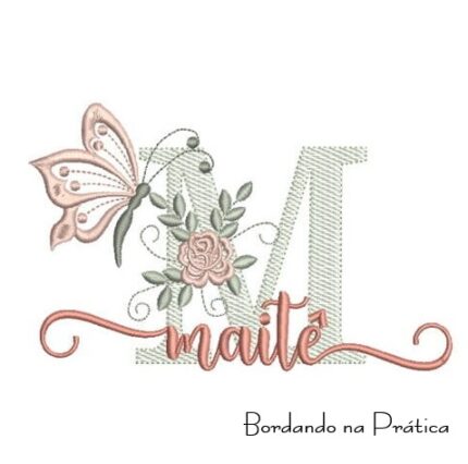 Matriz de bordado maite para bordar nome com letra M e borboletas bordando na pratica