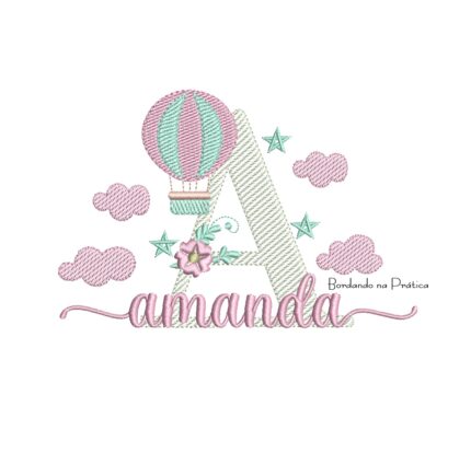Matriz de bordado nome amanda com baloes e nuvens e uma florzinha