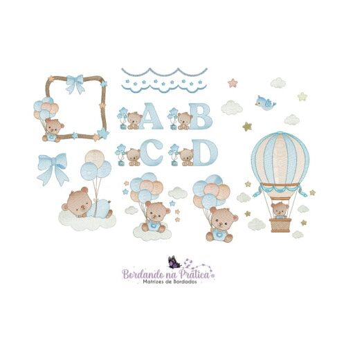 matriz de bordado coleção ursinho Balão para bordar com alfabeto