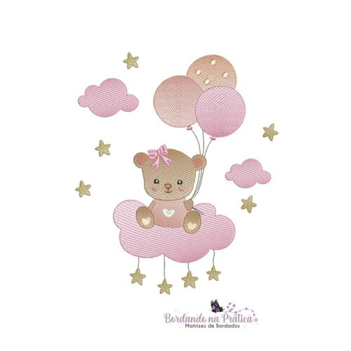 matriz de bordado ursinha balão nas nuvens para bordar BP