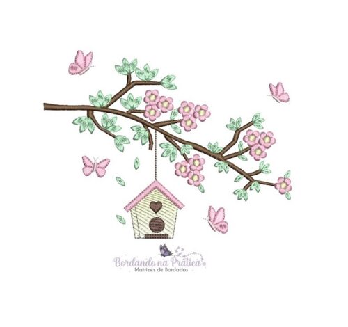 Matriz de Bordado Galho com gaiola borboletas e flores para bordar