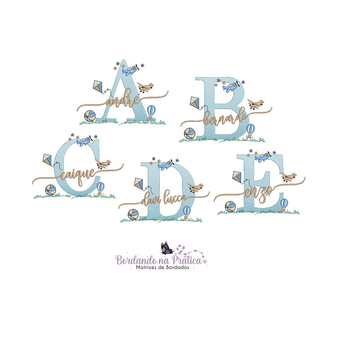matriz de bordado 150 nomes sobrepostos para meninos brinquedos para bordar avião, balão, bola, pipa e estrelinhas matriz de bordado 150 nomes sobrepostos para meninos brinquedos para bordar avião, balão, bola, pipa e estrelinhas