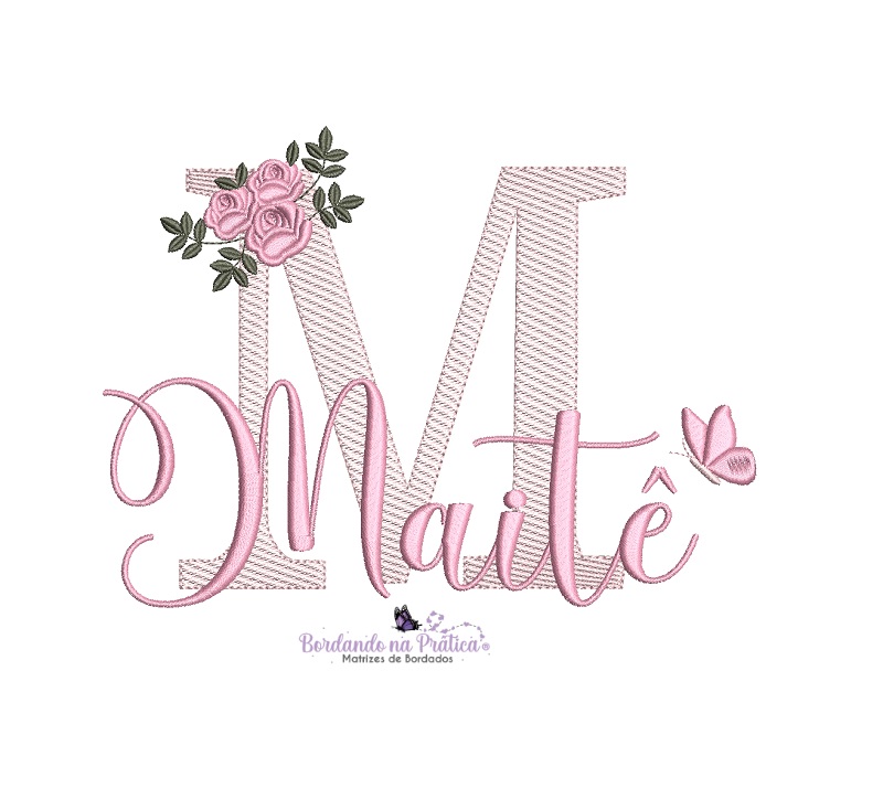 Matriz De Bordado Maite para bordar com borboleta folhas e flores Matriz De Bordado Maitê com raminho e borboleta para bordar. Letra M sobreposta com nome.