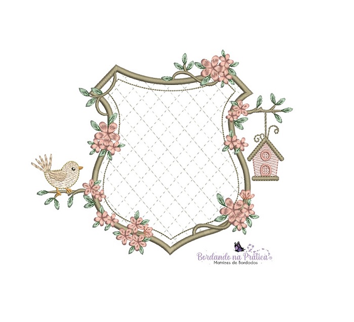 Matriz De Bordado Moldura aplique Passarinho no galho para bordar com gaiola e folhas e flores Matriz De Bordado Moldura aplique Passarinho no galho para bordar com gaiola e folhas e flores
