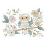 Matriz de Bordado corujinha no galho com flores grandes para bordar