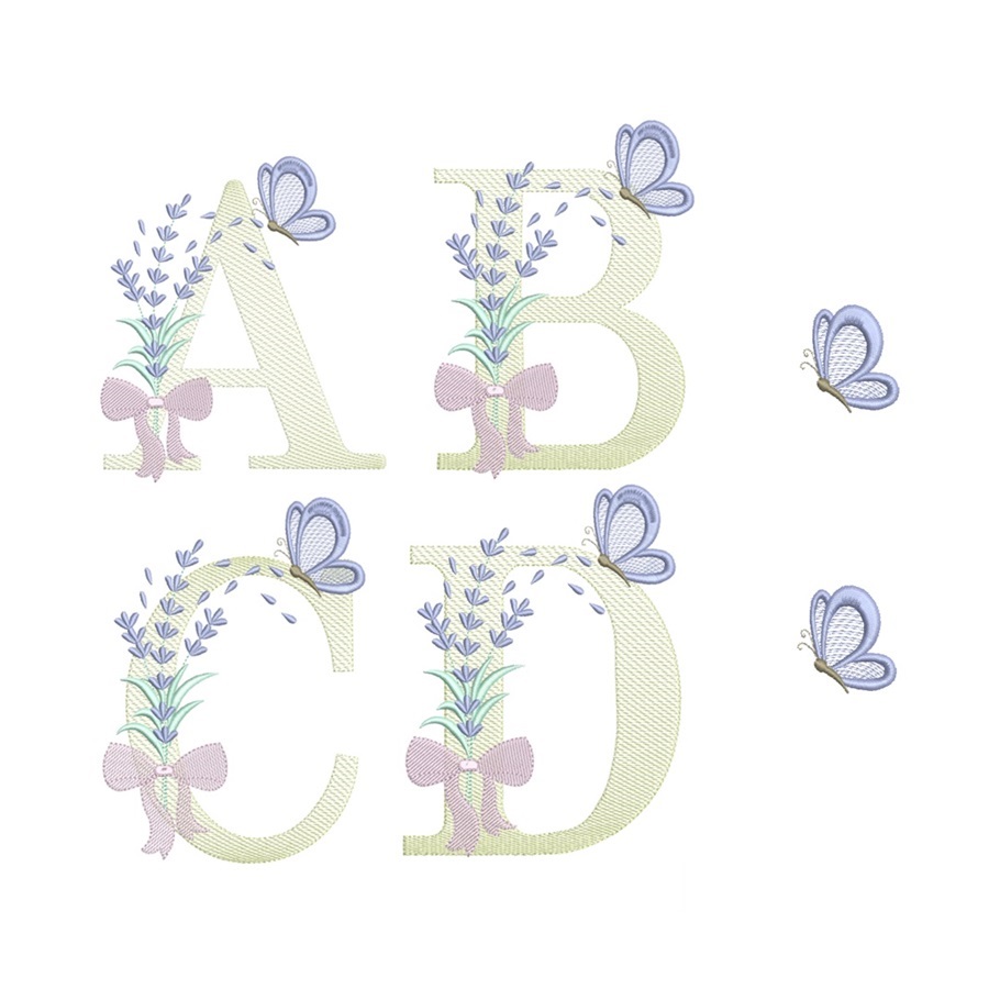 Matriz de Bordado Alfabeto Lavanda com laço para bordar Matriz de Bordado Alfabeto Lavanda com laço para bordar