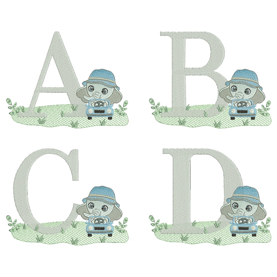 Matriz de Bordado Alfabeto Elefantinho no carrirnho para bordar Matriz de Bordado Alfabeto Elefantinho no carrirnho para bordar