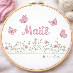Matriz de bordado nome maite com jardim e borboletas para bordar bordando na pratica