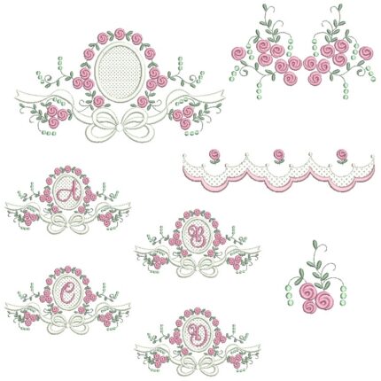 matriz de bordado Coleção raminho flores com laço e Alfabeto para bordar