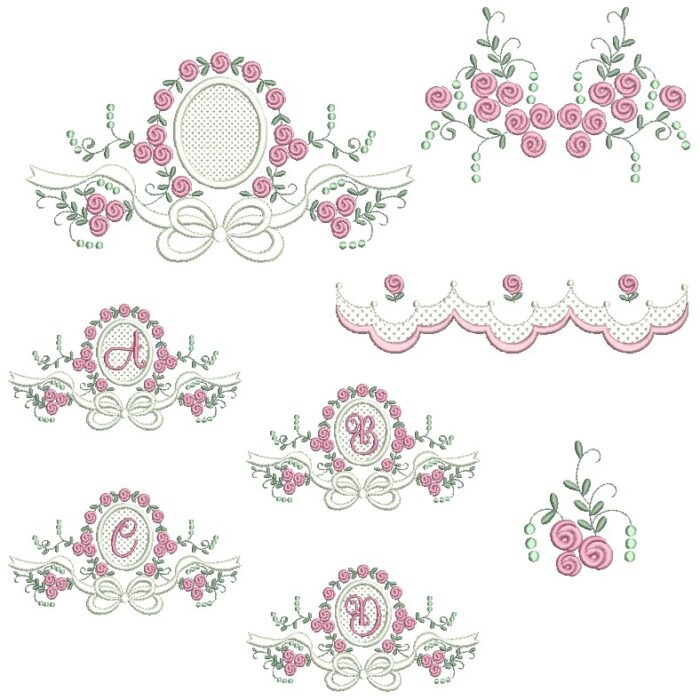 matriz de bordado Coleção raminho flores com laço e Alfabeto para bordar