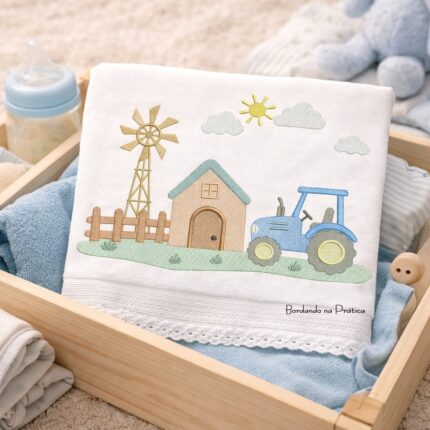 Matriz de bordado cenario trator com fazenda sol nuvens para bordar bordando na pratica