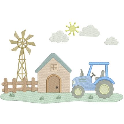matriz de bordado tratorzinho na fazenda com nuvens para bordar