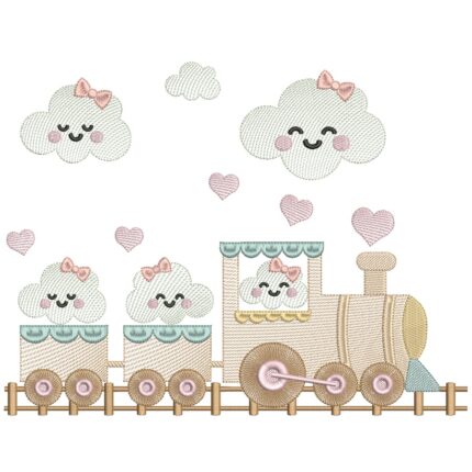 matriz de bordado trenzinho com vagões e nuvens para bordar