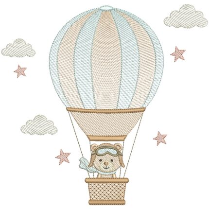 matriz de bordado ursinho aviador no balão para bordar