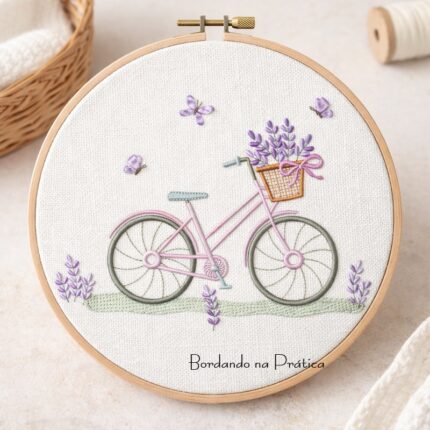 Matriz de bordado bicicleta lavanda para bordar bordando na pratica