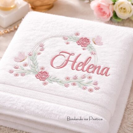 Matriz De Bordado moldura com nome helena para bordar e flores e folhas bordando na pratica