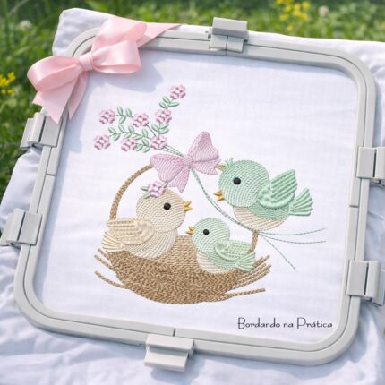 Matriz de bordado ninho de passarinhos com laço e flores para bordar