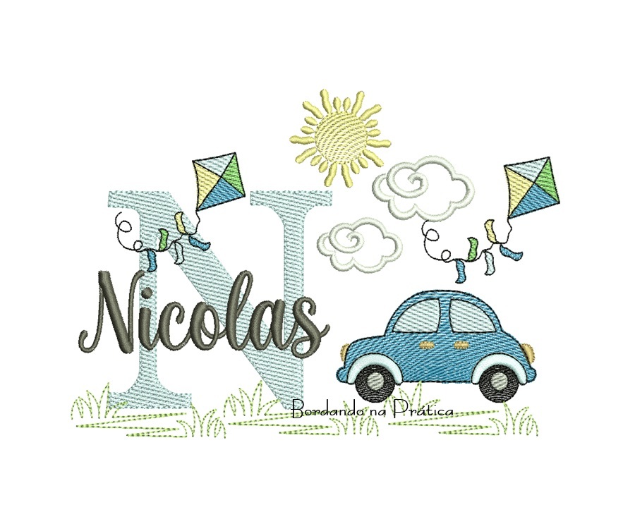 Matriz De Bordado Nome nicolas com carrinho e pipa Matriz De Bordado Nome nicolas com carrinho e pipa