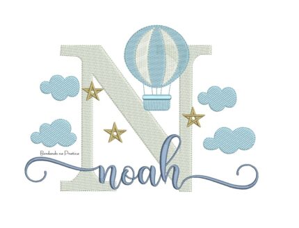 Matriz de Bordado Nome Noah com balao e estrelas para bordar