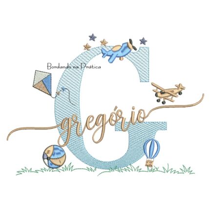 Matriz de Bordado Nome Gregório com Brinquedos