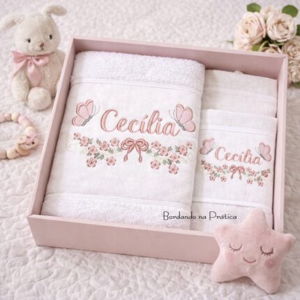 Matriz de bordado nome cecilia com borboleta flores laco para bordar