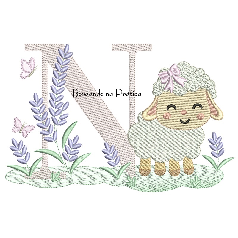 Matriz de Bordado Letra N Ovelhinha Lavanda Matriz de Bordado Letra N Ovelhinha Lavanda