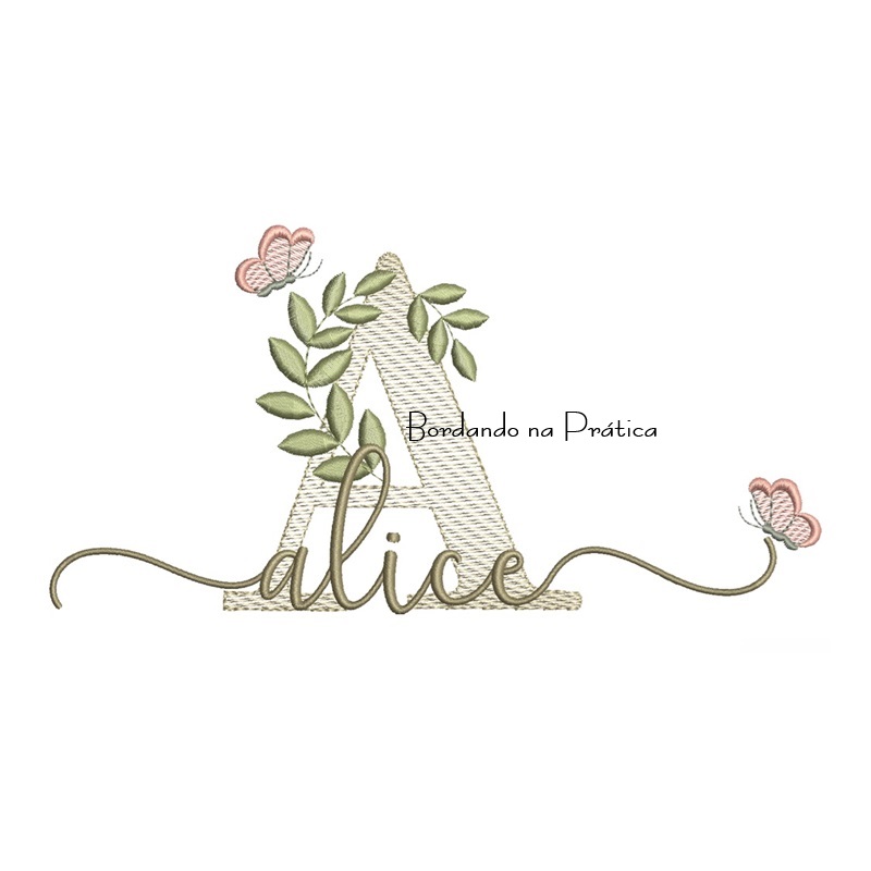 Matriz de Bordado - Nome Alice folhas e Borboletas Matriz de Bordado - Nome Alice folhas e Borboletas