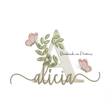 Matriz de Bordado - Nome Alícia folhas e Borboletas