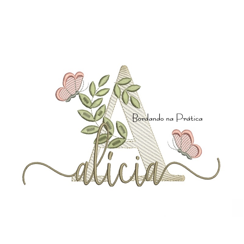 Matriz de Bordado - Nome Alícia folhas e Borboletas Matriz de Bordado - Nome Alícia folhas e Borboletas