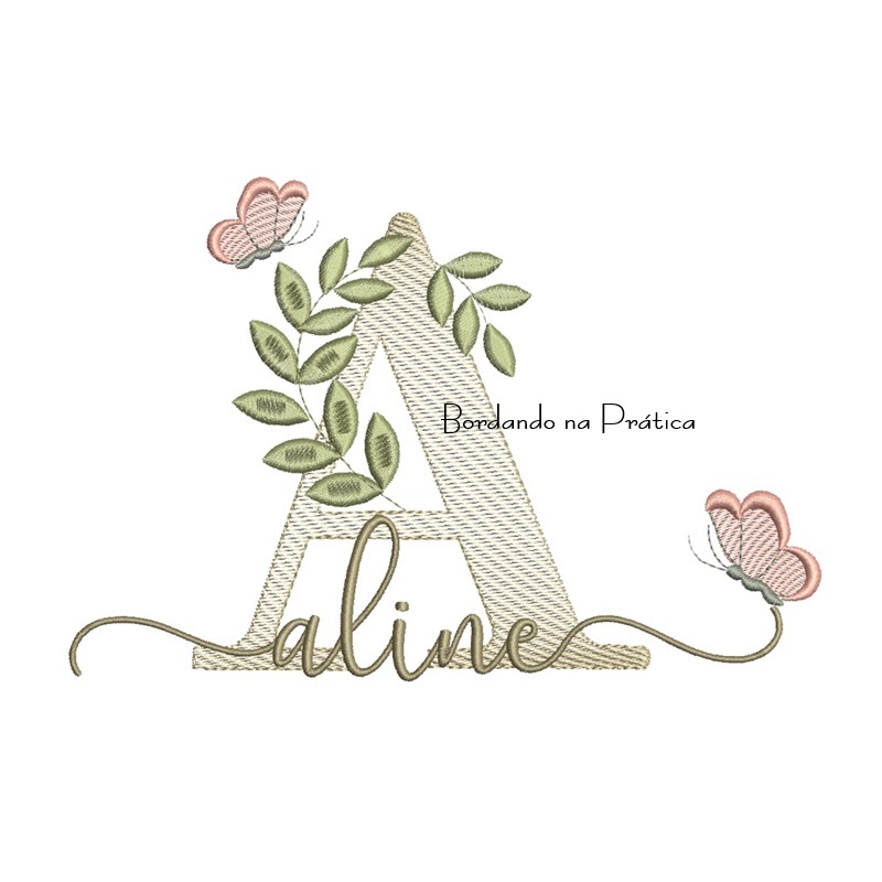 Matriz de Bordado - Nome Aline folhas e Borboletas Matriz de Bordado - Nome Aline folhas e Borboletas