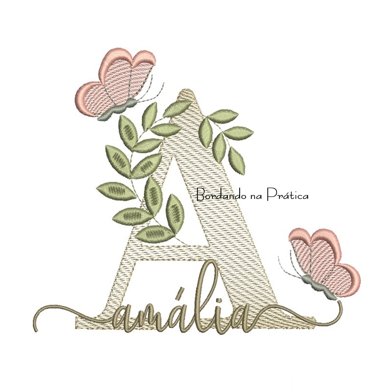 Matriz de Bordado - Nome Amália folhas e Borboletas Matriz de Bordado - Nome Amália folhas e Borboletas