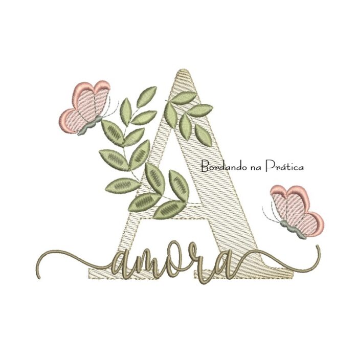 Matriz de Bordado - Nome Amora folhas e Borboletas Matriz de Bordado - Nome Amora folhas e Borboletas