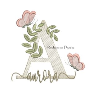 Matriz de Bordado - Nome Aurora folhas e Borboletas