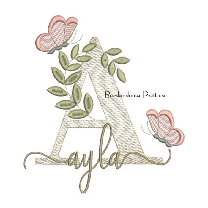 Matriz de Bordado - Nome Ayla folhas e Borboletas