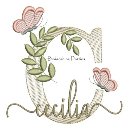 Matriz de Bordado - Nome Cecília folhas e Borboletas