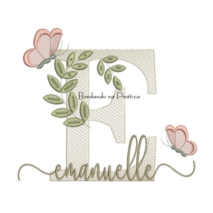 Matriz de Bordado - Nome Emanuelle folhas e Borboletas
