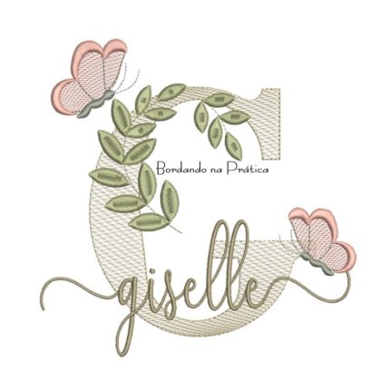 Matriz de Bordado - Nome Giselle folhas e Borboletas