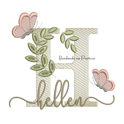 Matriz de Bordado - Nome Hellen folhas e Borboletas
