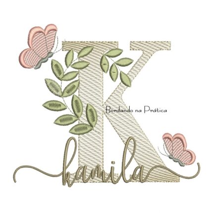 Matriz de Bordado - Nome Kamila folhas e Borboletas