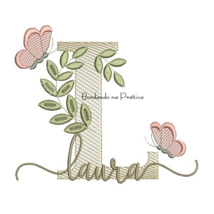 Matriz de Bordado - Nome Laura folhas e Borboletas