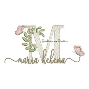 Matriz de Bordado - Nome Maria Helena folhas e Borboletas