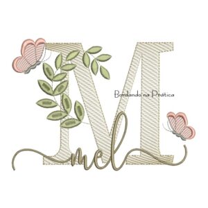Matriz de Bordado - Nome Mel folhas e Borboletas