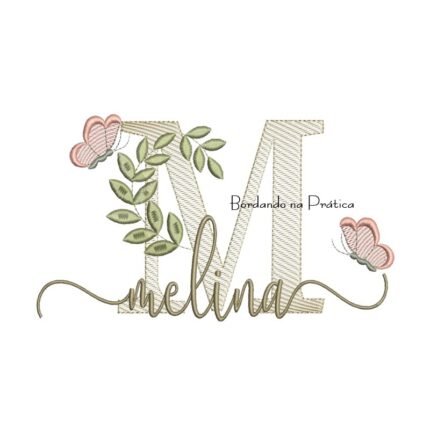 Matriz de Bordado - Nome Melina folhas e Borboletas