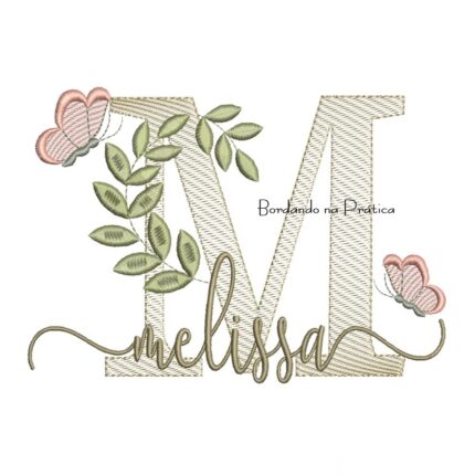 Matriz de Bordado - Nome Melissa folhas e Borboletas