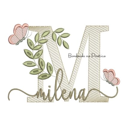Matriz de Bordado - Nome Milena folhas e Borboletas