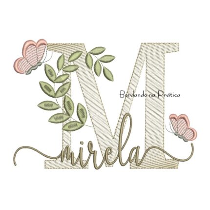 Matriz de Bordado - Nome Mirela folhas e Borboletas