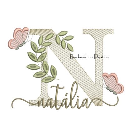 Matriz de Bordado - Nome Natália folhas e Borboletas